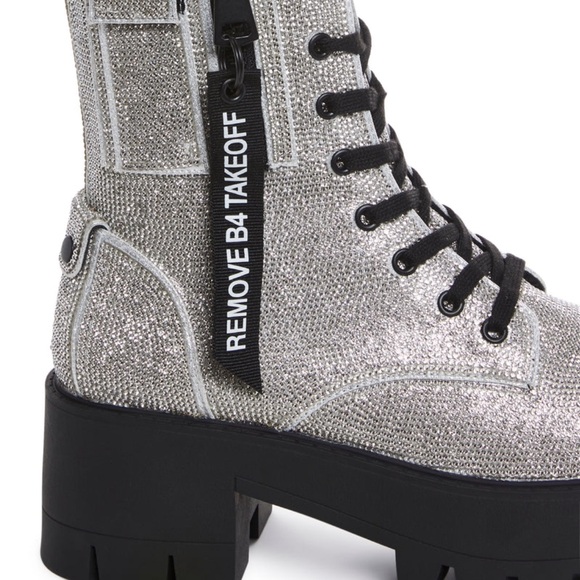 Demonia Silver Glitter Combat Boots - Picture 3 of 4
